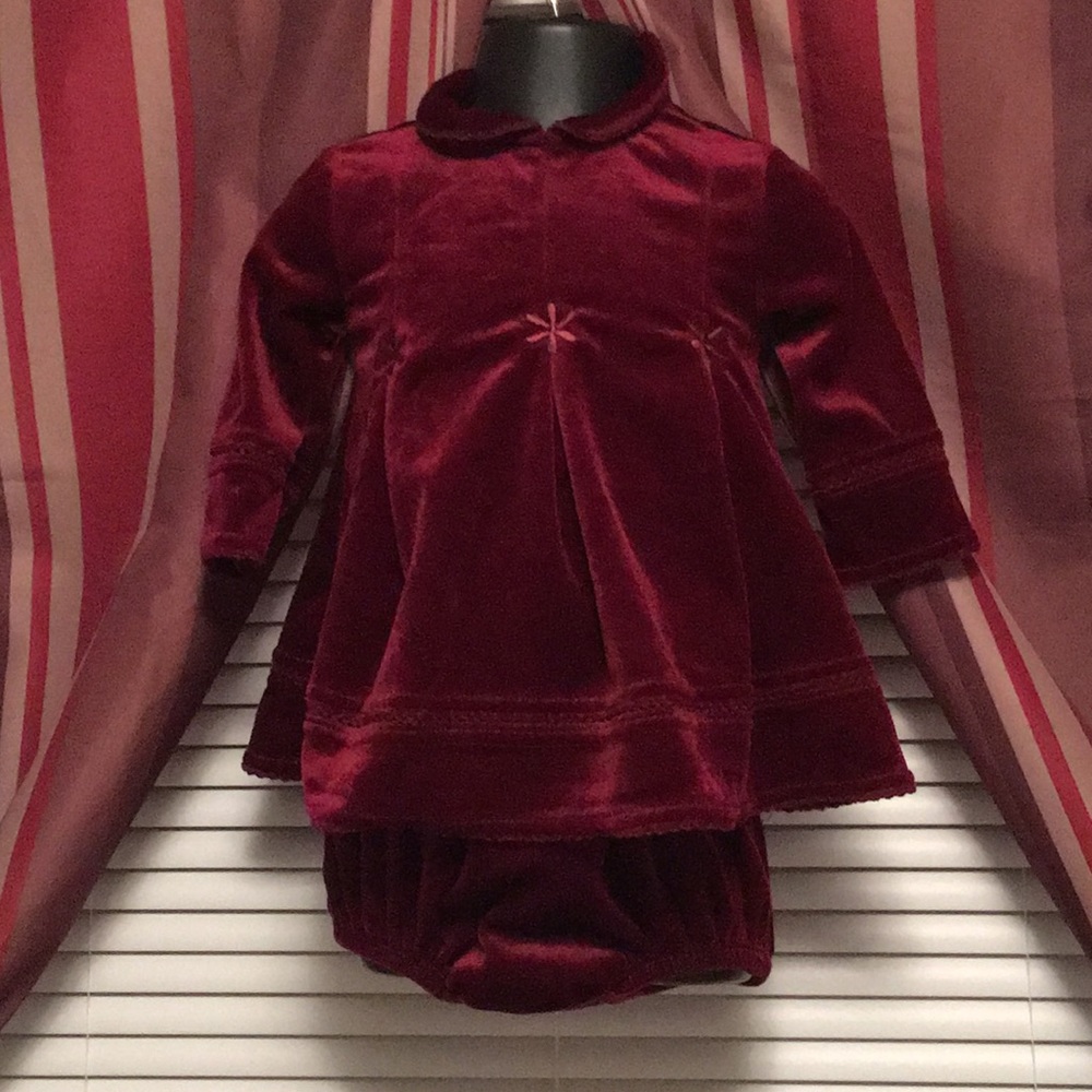 “Peek A Baby” Burgundy dress and bloomers. 3-6 mos